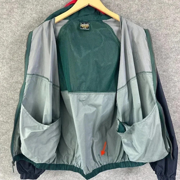 Vintage 90s Windbreaker Womens Medium Navy Packable Hood Cranberry Lightweight - Picture 6 of 16